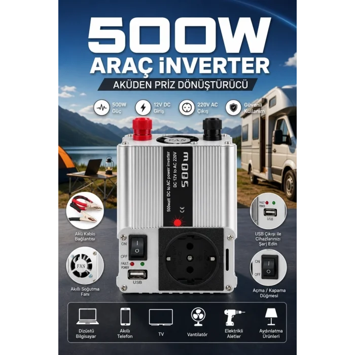 BUĞZ Araç ve Karavan İçin 500W 12V DC 220V AC USB Çıkışlı Fanlı İnverter Akü Güç Dönüştürücü
