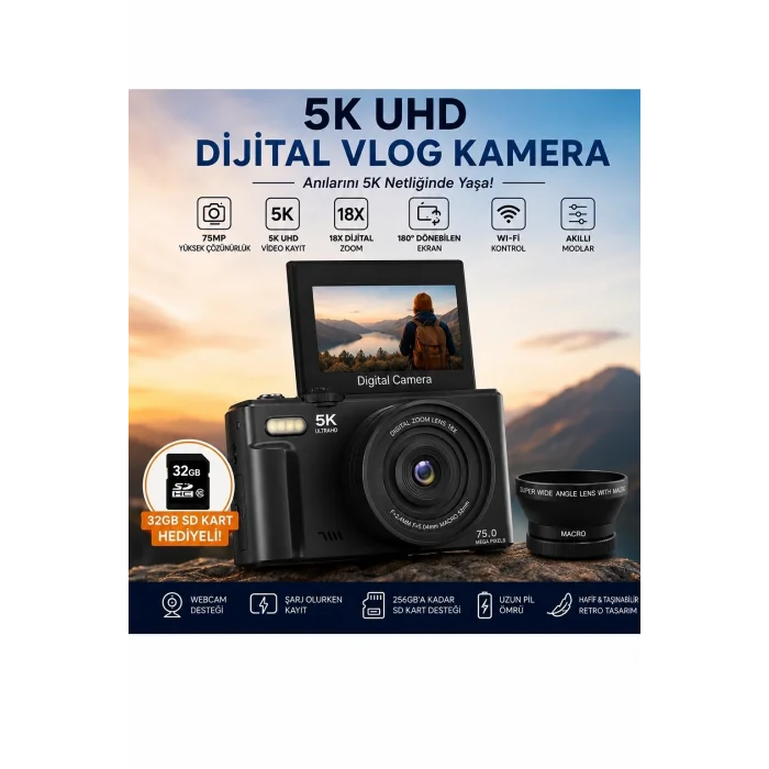 BUĞZ 5k 75mp 18x Zoom Flaşlı 3” Flip Ekranlı Türkçe 32gb Kart Dijital Vlog Fotoğraf Makinesi Lens Hediyeli