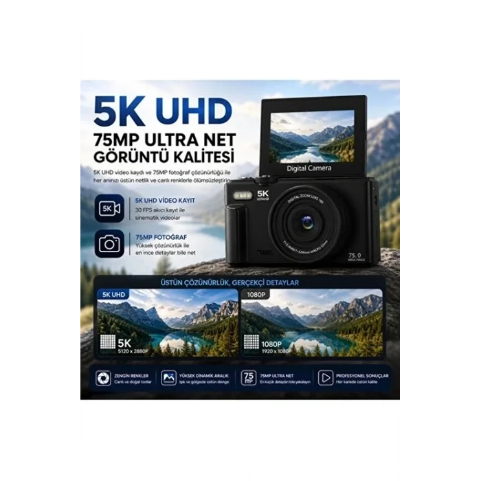 BUĞZ 5k 75mp 18x Zoom Flaşlı 3” Flip Ekranlı Türkçe 32gb Kart Dijital Vlog Fotoğraf Makinesi Lens Hediyeli
