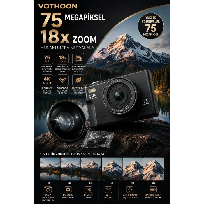 BUĞZ 5k 75mp 18x Zoom Flaşlı 3” Flip Ekranlı Türkçe 32gb Kart Dijital Vlog Fotoğraf Makinesi Lens Hediyeli