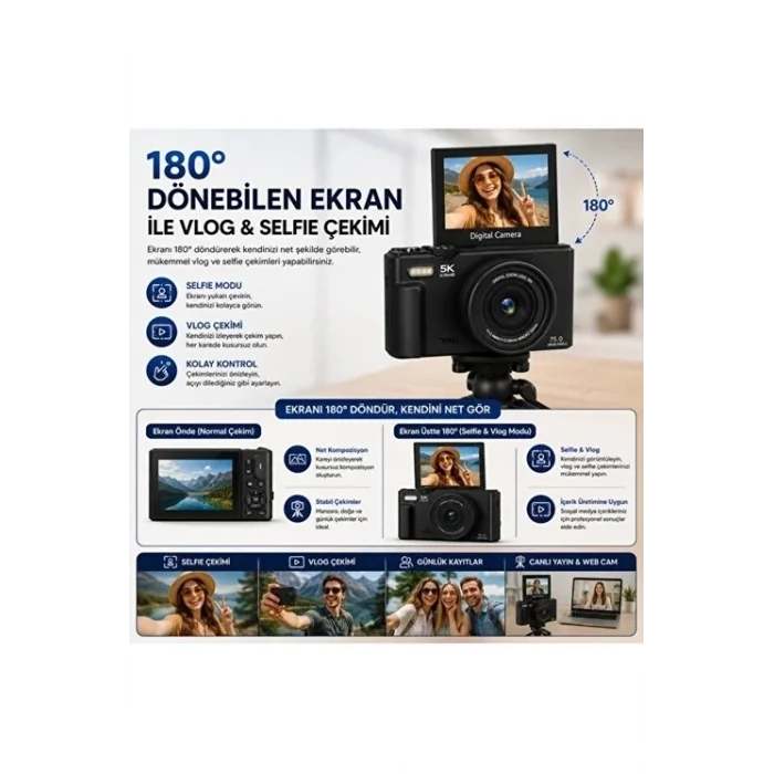 BUĞZ 5k 75mp 18x Zoom Flaşlı 3” Flip Ekranlı Türkçe 32gb Kart Dijital Vlog Fotoğraf Makinesi Lens Hediyeli