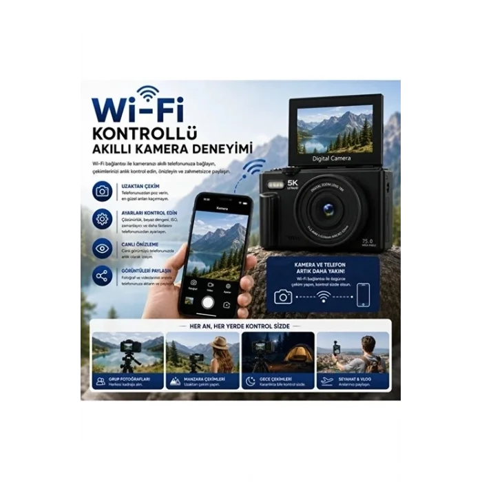 BUĞZ 5k 75mp 18x Zoom Flaşlı 3” Flip Ekranlı Türkçe 32gb Kart Dijital Vlog Fotoğraf Makinesi Lens Hediyeli