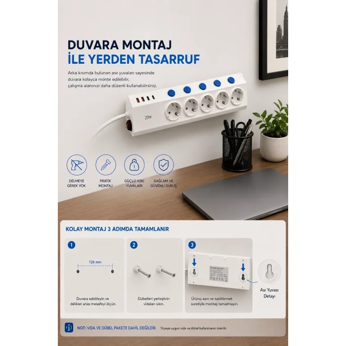 BUĞZ 5’li Akım Korumalı Çoklu Priz 2 Metre Kablolu 3680w 16a 5 Anahtarlı 2usb-a 2 Usb-c Pd 20w Hızlı Ftr-28