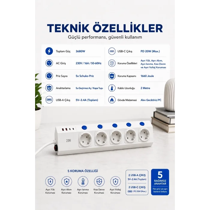 BUĞZ 5’li Akım Korumalı Çoklu Priz 2 Metre Kablolu 3680w 16a 5 Anahtarlı 2usb-a 2 Usb-c Pd 20w Hızlı Ftr-28