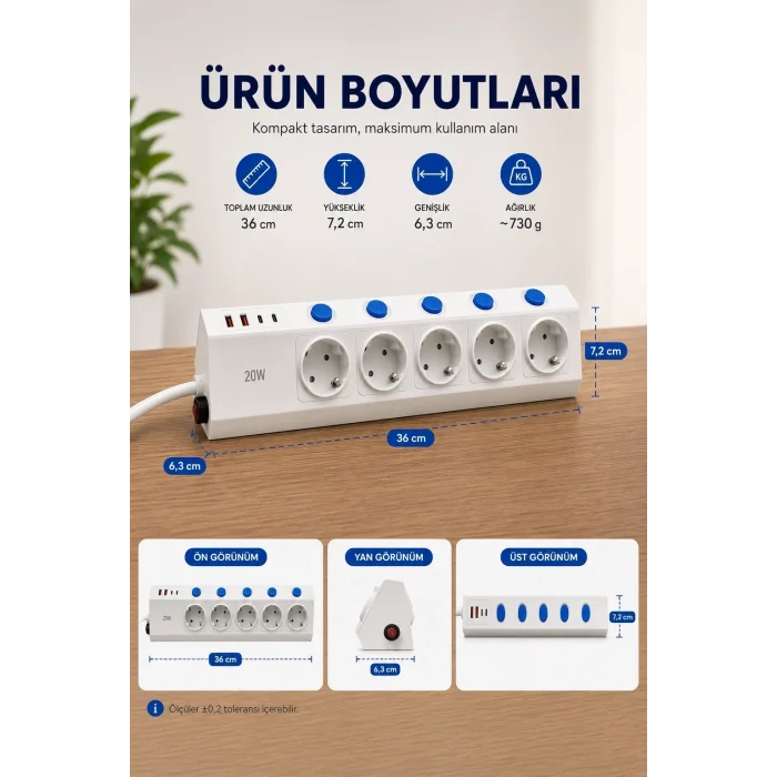 BUĞZ 5’li Akım Korumalı Çoklu Priz 2 Metre Kablolu 3680w 16a 5 Anahtarlı 2usb-a 2 Usb-c Pd 20w Hızlı Ftr-28