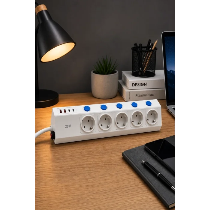 BUĞZ 5’li Akım Korumalı Çoklu Priz 2 Metre Kablolu 3680w 16a 5 Anahtarlı 2usb-a 2 Usb-c Pd 20w Hızlı Ftr-28