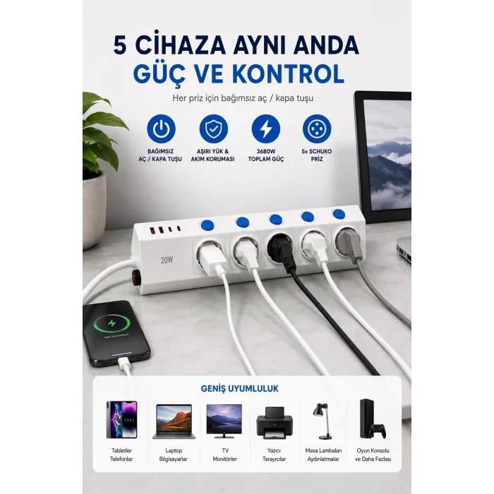 BUĞZ 5’li Akım Korumalı Çoklu Priz 2 Metre Kablolu 3680w 16a 5 Anahtarlı 2usb-a 2 Usb-c Pd 20w Hızlı Ftr-28