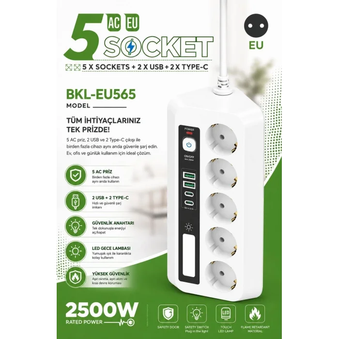BUĞZ 5’li Akım Korumalı Priz 2500w | 2 Usb + 2 Type-c Hızlı Şarj | Led Gece Lambalı | Dokunmatik Beyaz