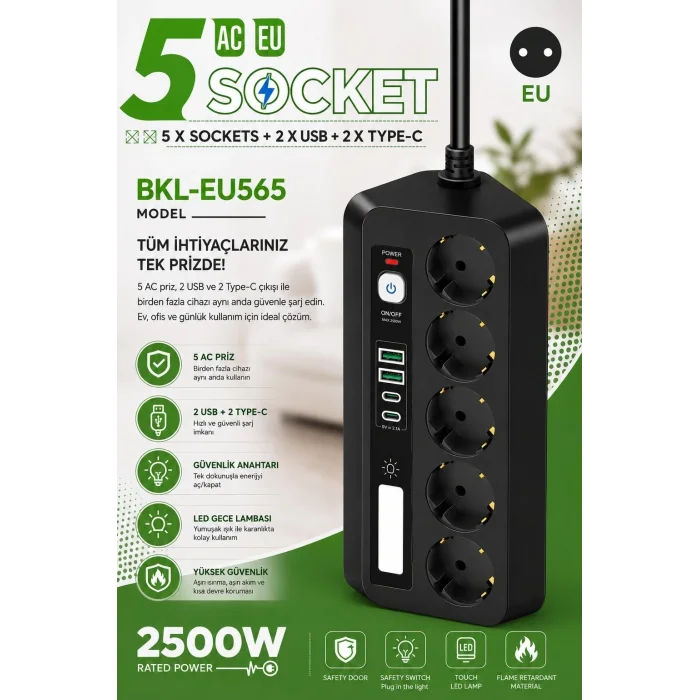 BUĞZ 5’li Akım Korumalı Priz 2500w | 2 Usb + 2 Type-c Hızlı Şarj | Led Gece Lambalı | Dokunmatik Siyah