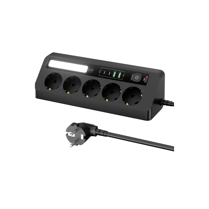 BUĞZ 5’li Akım Korumalı Priz 2500w | 2 Usb + 2 Type-c Hızlı Şarj | Led Gece Lambalı | Dokunmatik Siyah