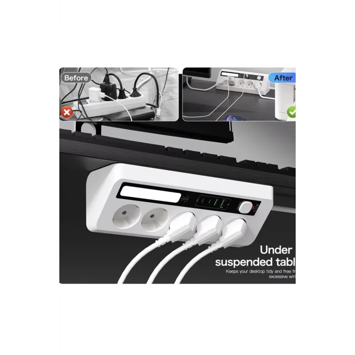 BUĞZ 5’li Akım Korumalı Priz 2500w | 2 Usb + 2 Type-c Hızlı Şarj | Led Gece Lambalı | Dokunmatik Siyah