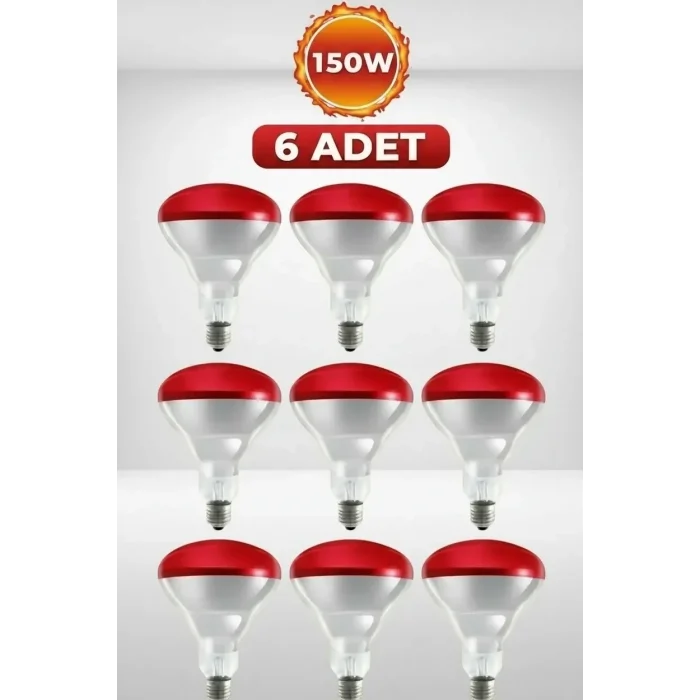 BUĞZ (6 Adet) 150W Kızılötesi Isıtıcılı Hayvan Isıtma ve Kuluçka Lambası (Kırmızı Işık) E27 (Kalın Duy)
