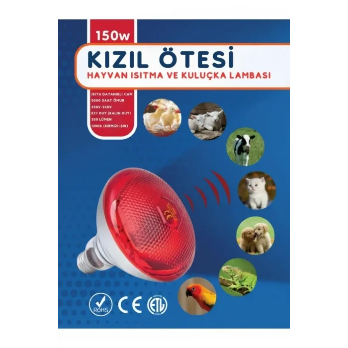 BUĞZ (6 Adet) 150W Kızılötesi Isıtıcılı Hayvan Isıtma ve Kuluçka Lambası (Kırmızı Işık) E27 (Kalın Duy) ( BUĞZ )
