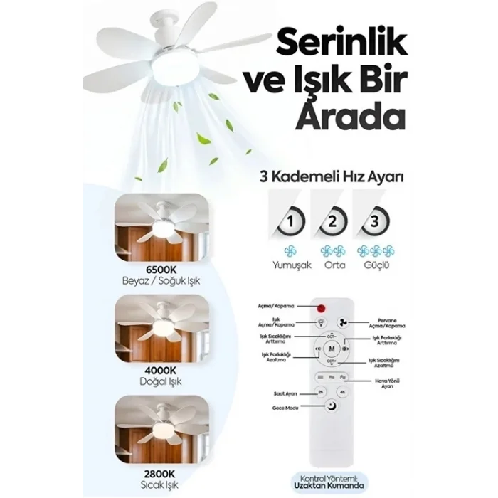 BUĞZ 6 Kanatlı 3 Kademeli Led Aydınlatmalı Uzaktan Kumandalı Tavan Vantilatörü