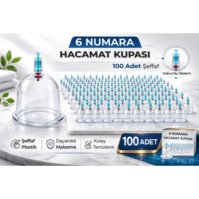 BUĞZ 6 Numara Hacamat Kupası 100 Adet Vakumlu Kupa Bardak Dayanıklı Plastik Manuel Hacamat Kabı