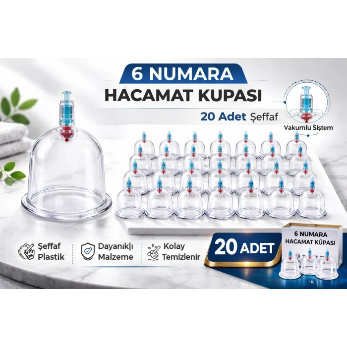 BUĞZ 6 Numara Hacamat Kupası 20 Adet Vakumlu Kupa Bardak Dayanıklı Plastik Manuel Hacamat Kabı