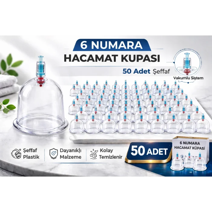 BUĞZ 6 Numara Hacamat Kupası 50 Adet Vakumlu Kupa Bardak Dayanıklı Plastik Manuel Hacamat Kabı