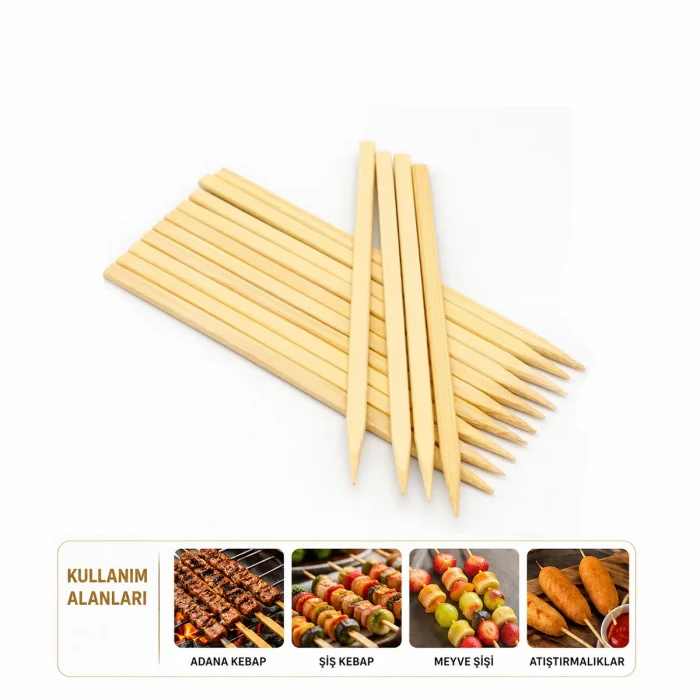 BUĞZ 60 Adet Ahşap Geniş Çöp Şiş - Adana Kebap Şişi - 25 cm