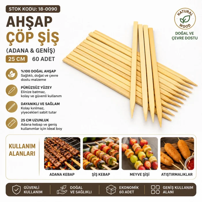 BUĞZ 60 Adet Ahşap Geniş Çöp Şiş - Adana Kebap Şişi - 25 cm