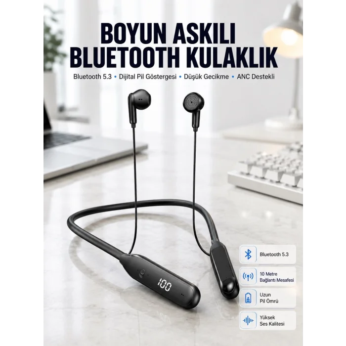 BUĞZ 60 Saat Kablolu Boyun Askılı Dijital Göstergeli Bluetooth Kulaklığı Yeni Nesil