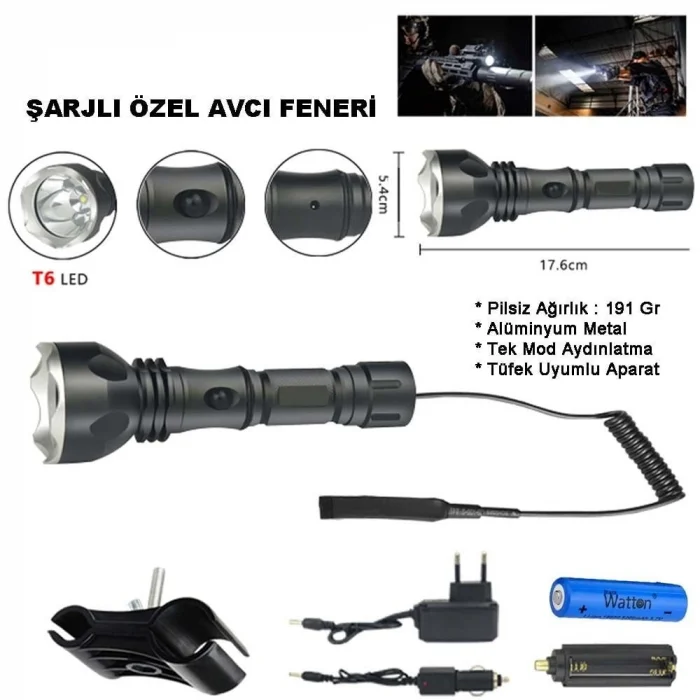 BUĞZ 600 Lümen Tx6 Şarjlı Özel Avcı Feneri Wt-253