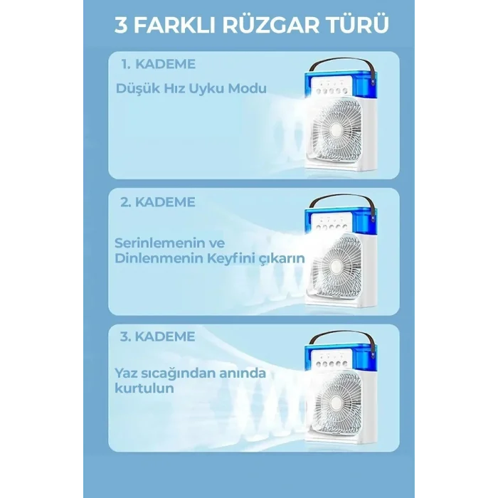BUĞZ 600 ml Su Hazneli Masaüstü Vantilatör, Çok Renkli Işıklı ve Buhar Nemlendirme Özellikli