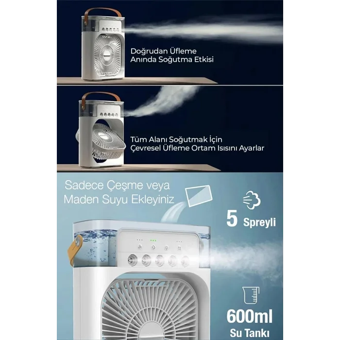 BUĞZ 600 ml Su Hazneli Masaüstü Vantilatör, Çok Renkli Işıklı ve Buhar Nemlendirme Özellikli
