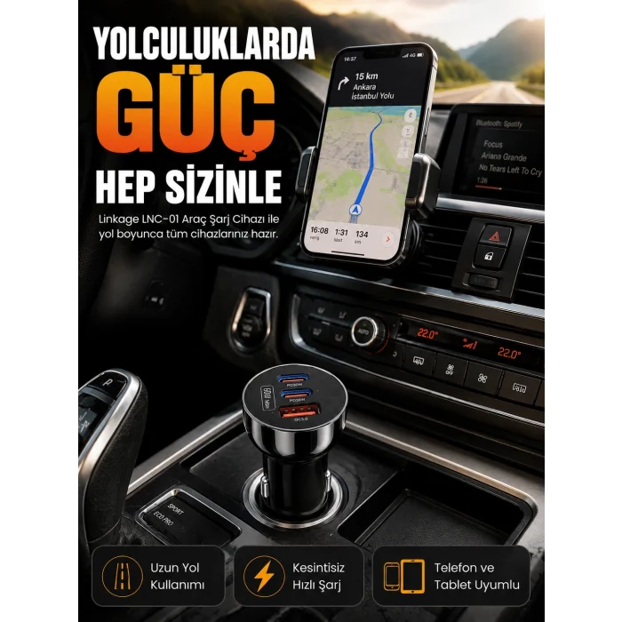 BUĞZ 60W Araç Şarj Cihazı Çift Type-C PD ve USB QC3.0 Hızlı Şarj Adaptörü