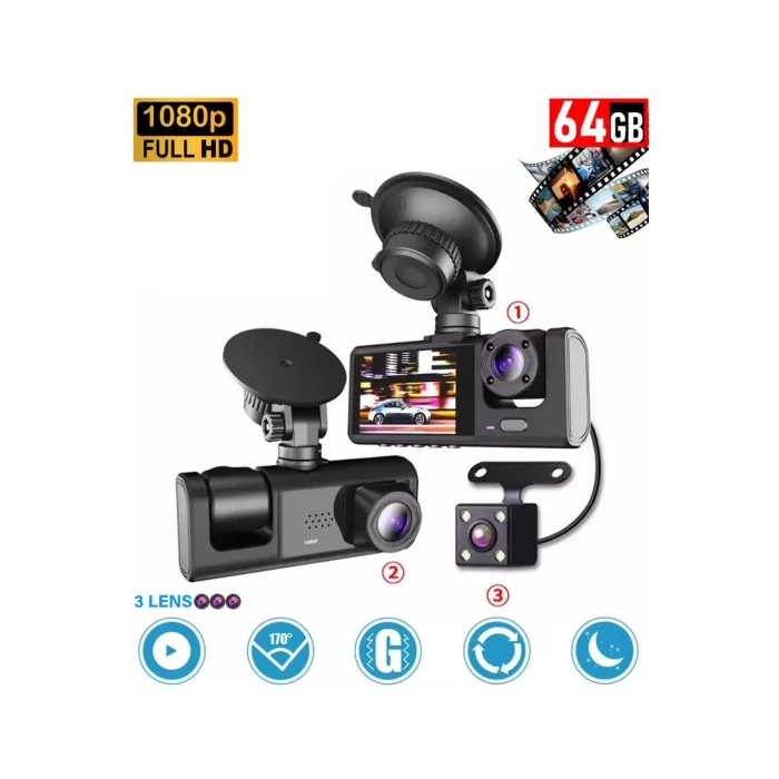  64GB Araç İçi Kamera 3 Kameralı (Yol + Araç İçi+ Arka) FHD Video Kayıt Mikrofonlu Türkçe CC-33