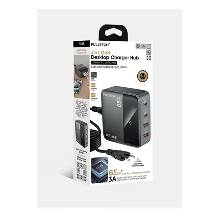 BUĞZ 65w Masaüstü 4 Portlu Hızlı Şarj Cihazı İstasyonu 2xusb-a, 2xtype-c Giriş,1,5 Mt. Kablo