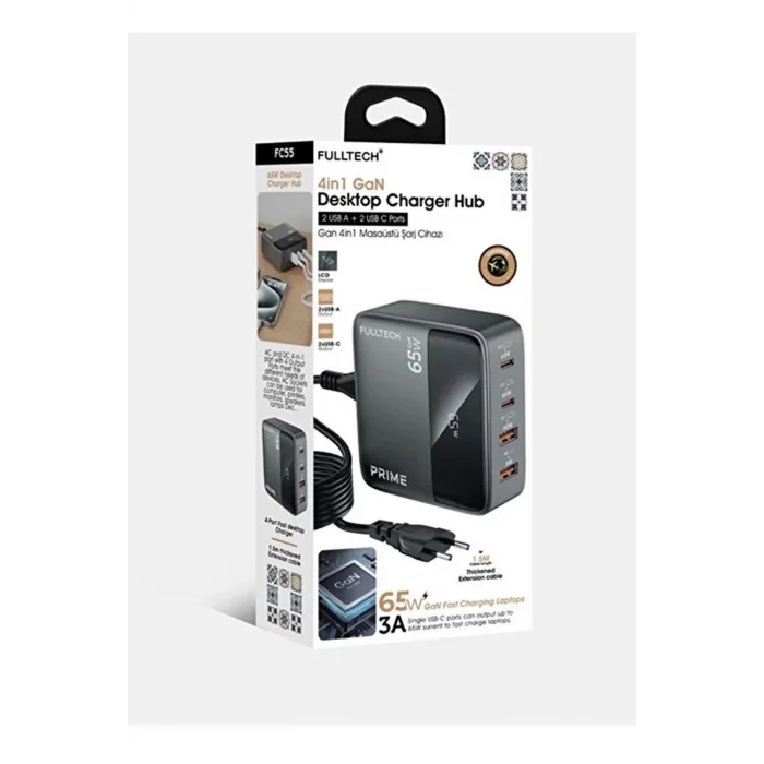 BUĞZ 65w Masaüstü 4 Portlu Hızlı Şarj Cihazı İstasyonu 2xusb-a, 2xtype-c Giriş,1,5 Mt. Kablo