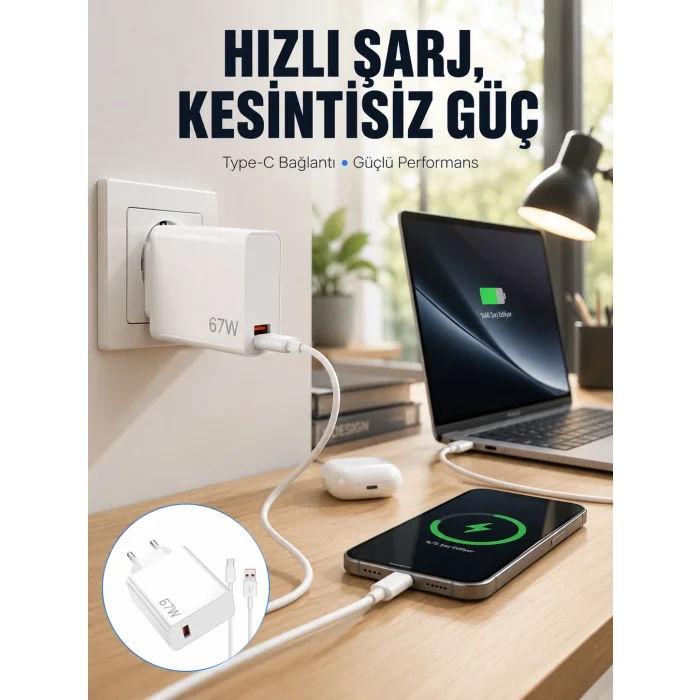 BUĞZ 67W Type-C Turbo Şarj Cihazı – Aşırı Akım ve Isı Koruması, Seyahat Uyumlu Yeni Nesil