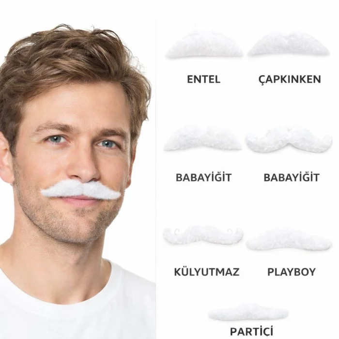 BUĞZ 6’lı Yapışkanlı Beyaz Parti Bıyık Seti – Farklı Modeller