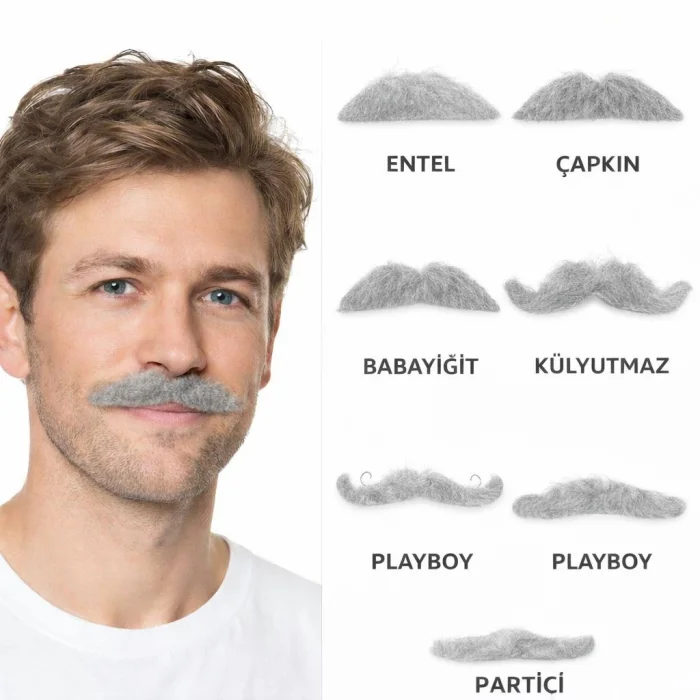 BUĞZ 6’lı Yapışkanlı Gri Parti Bıyık Seti – Farklı Modeller
