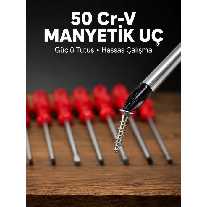 BUĞZ 7li Düz ve Yıldız Tornavida Seti Çelik Manyetik Uçlu
