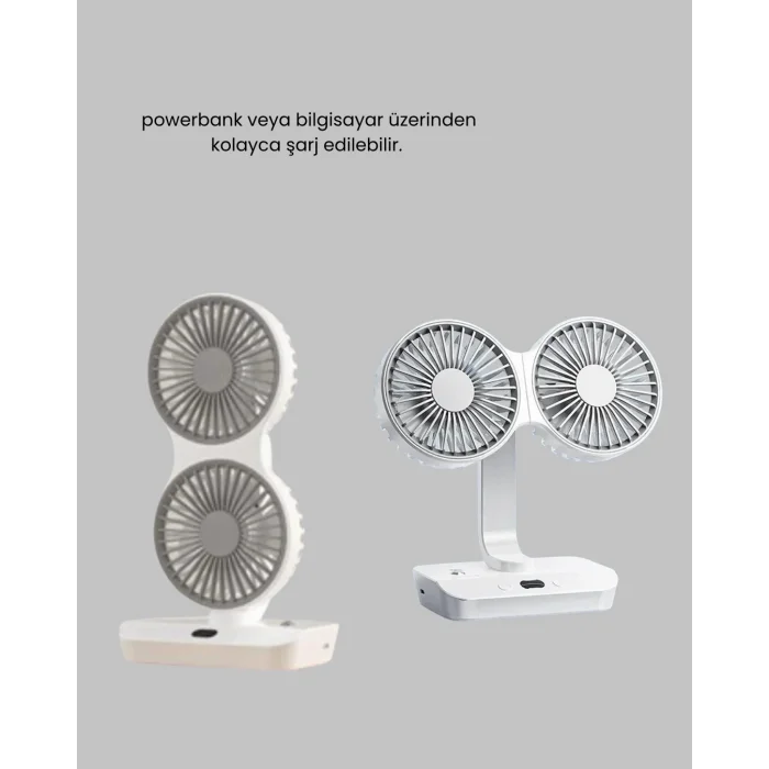 BUĞZ 720° Dönebilen Çift Başlıklı USB Şarjlı Masaüstü Vantilatör – Sessiz ve Güçlü Serinlik