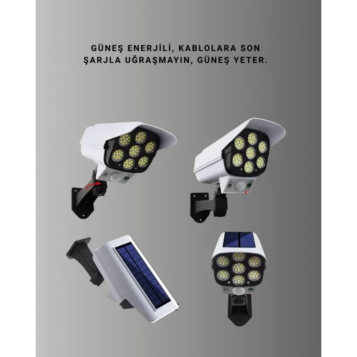 BUĞZ 77 LEDli Güneş Enerjili Güvenlik Lambası ve Kukla Kamera – Hareket Sensörlü, 2400mAh Pilli
