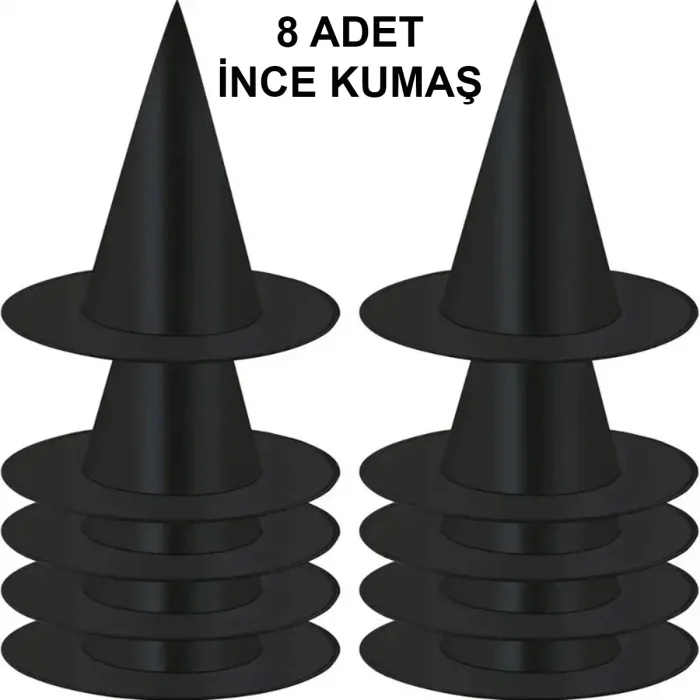  8 Adet Siyah Cadı Şapkası – Yetişkin & Çocuk Kostüm Aksesuarı