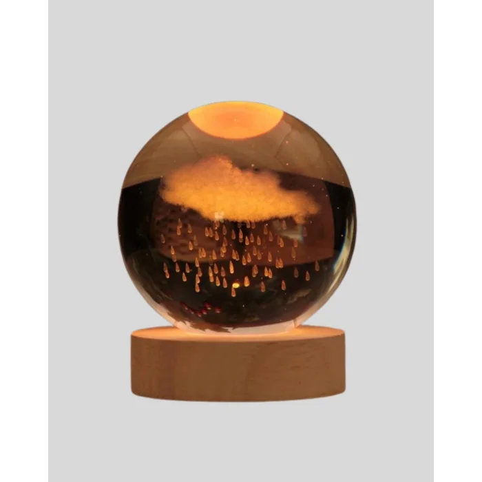 BUĞZ 8 cm 3D Yağmur Bulutu Kristal Küre LED Gece Lambası Ahşap Standlı Tasarım Lamba