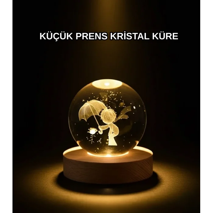 BUĞZ 8 cm Küçük Prens 3D Kristal Küre USB Işıklı Ahşap Altlıklı Dekoratif Lamba