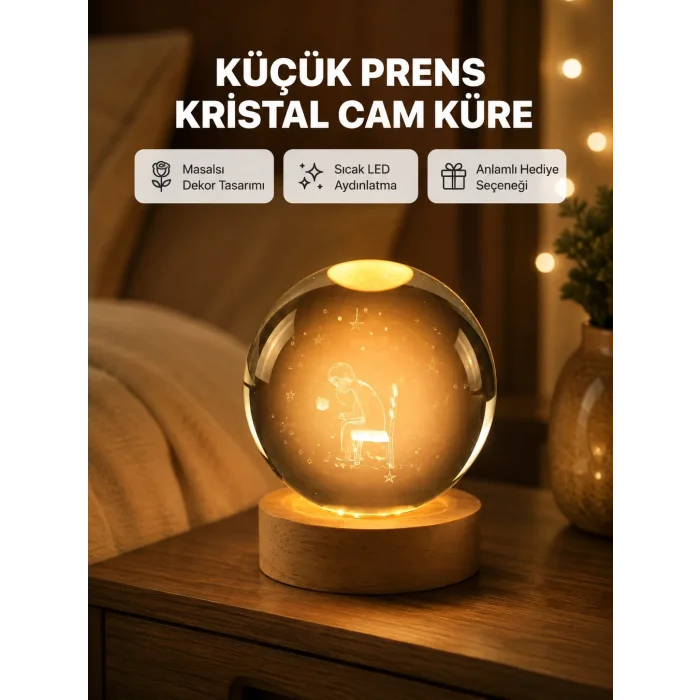 BUĞZ 8 cm Küçük Prens Cam Küre USB Işıklı Ahşap Tabanlı Dekor
