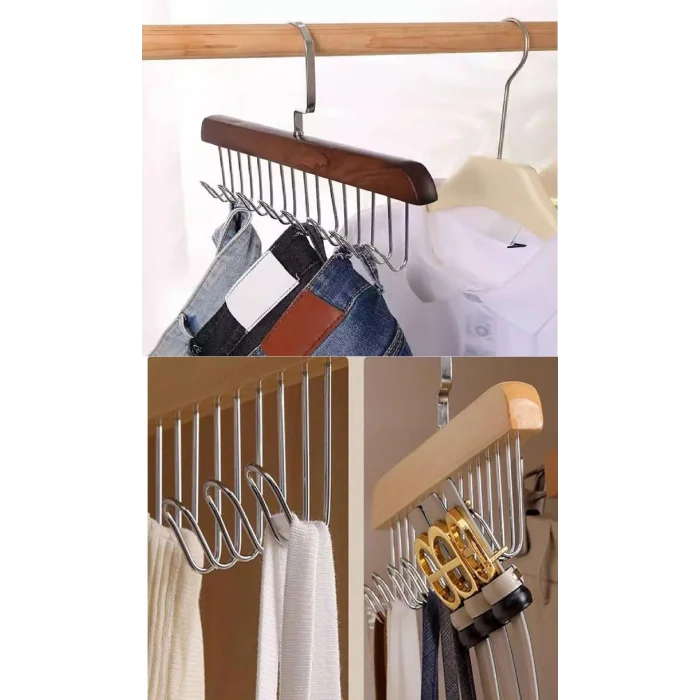 BUĞZ 8 Kancalı Askı Çok Fonksiyonlu Ahşap Kemer Kravat Eşarp Dolap Askısı