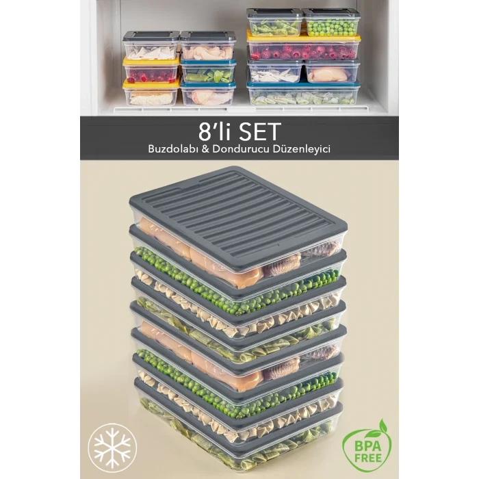  8li Saklama Kabı , Mikrodalga Uyumlu Erzak Saklama Kabı Antrasit 8 X 2400 ml