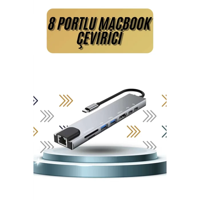  8 Portlu Macbook Çevirici Type C Hub  SD TF USB Çoğaltıcı Ethernet