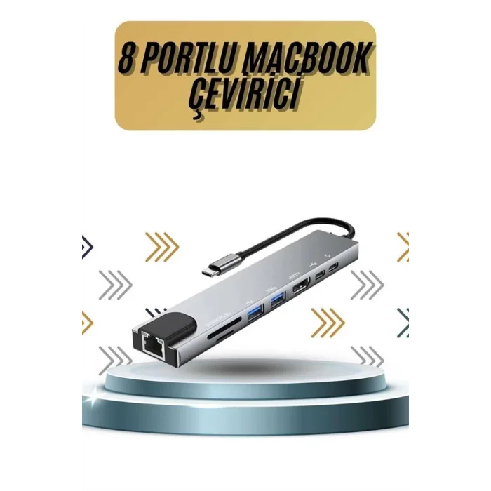  8 Portlu Macbook Çevirici Type C Hub  SD TF USB Çoğaltıcı Ethernet