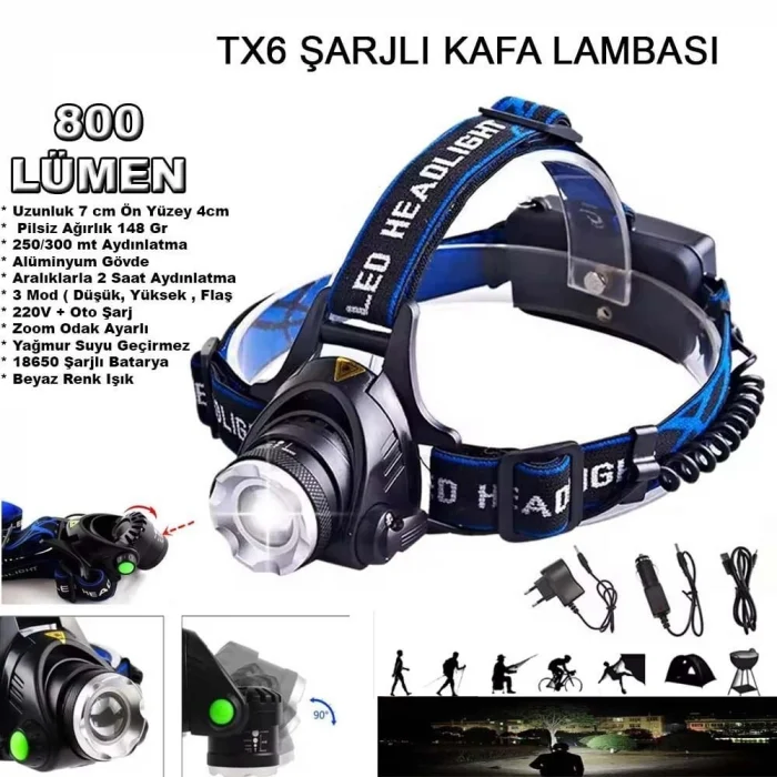 BUĞZ 800 Lümen Tx6 Şarjlı Zoomlu Kafa Feneri Wt-120