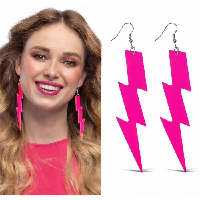 BUĞZ 80’ler 90'lar Retro Neon Pembe Şimşek Küpe 10 Cm Bx40