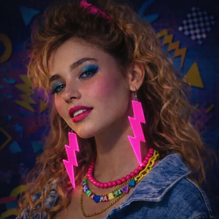 BUĞZ 80’ler 90lar Retro Neon Pembe Şimşek Küpe 10 cm