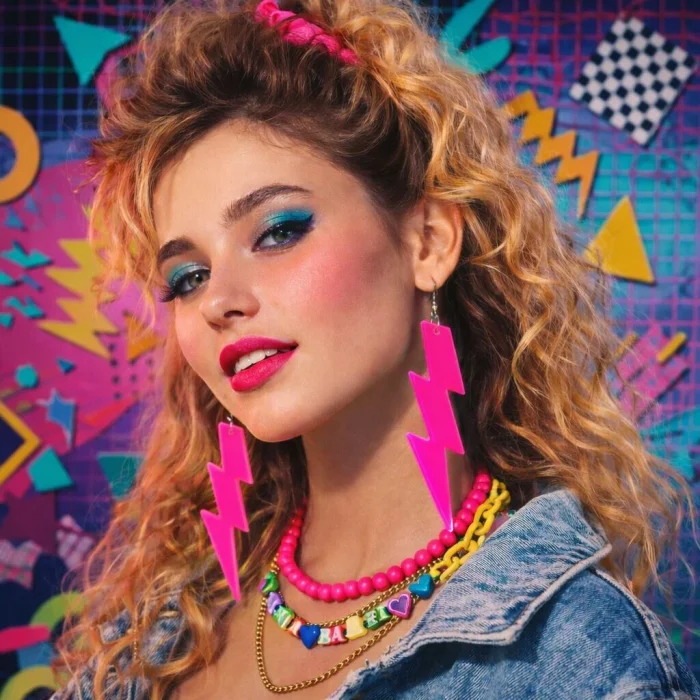 BUĞZ 80’ler 90lar Retro Neon Pembe Şimşek Küpe 10 cm