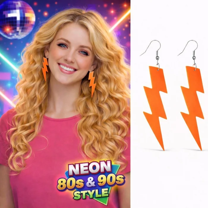 BUĞZ 80’ler 90lar Retro Neon Turuncu Şimşek Küpe 10 cm